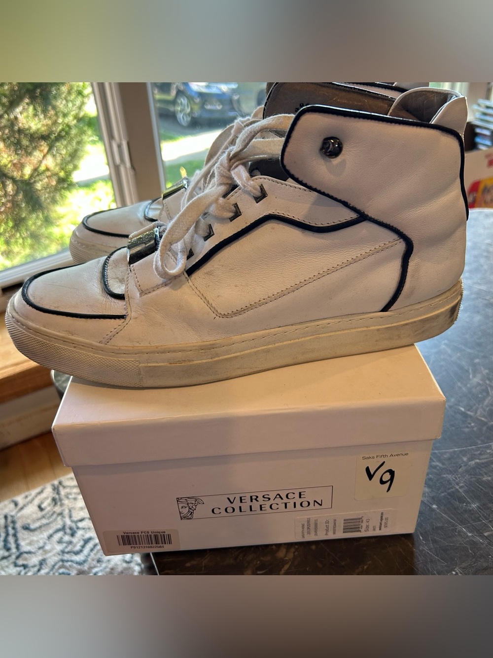 Versace Leather High Top Sneakers White w/ Black Trim Men’s Size 43 (US 10)